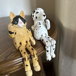 Hand carved Wood Jointed Cat And Dog Sitting Decor Folk Art Primitive