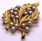 Vintage Alan J Signed Brooch, Feaux Pearls & Gold Leaves Pin, Combined Shipping