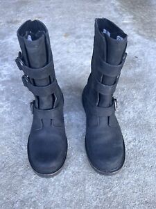 LL Bean Old Port Boots Black Mid Moto Combat Leather Zip Buckle Womens Size 8 M