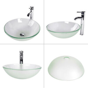 Bathroom Vessel Sink Glass Basin Round Chrome Faucet Counter Top Basin Bowl