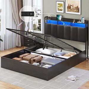 Queen Bed Frame with Storage Headboard Lift Up Bed Charging Station & LED Lights