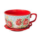 Vintage Floral 8-Inch Tea Cup Ceramic Planter, Red