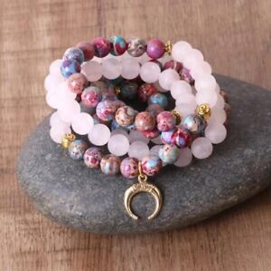 108 Mala Beads Natural Rose Quartz Jasper Stone Pendant Necklace for Prayer