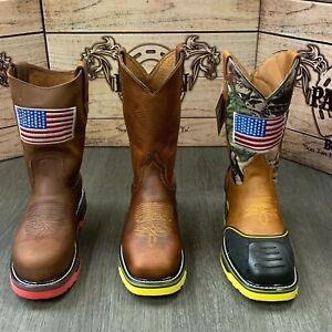 MEN'S STEEL TOE WORK BOOTS AMERICAN FLAG STYLE SOFT LEATHER INSIDE SHAFT SAFETY