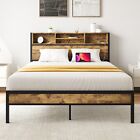 Full Size Bed Frame with Storage Headboard, Metal Platform Bed with Charging