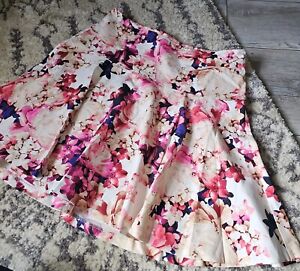 Lane Bryant A-Line Pleated Floral Skirt SZ 16 Pink Beige Cream Zip Back Aq