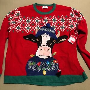 Holiday Time Ugly Christmas Sweater 2xl EMBROIDERED Cow & Lights NWT Pullover