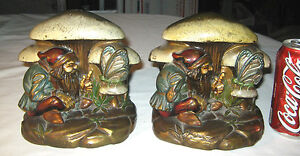 ANTIQUE FAIRY TALE GNOME BUTTERFLY MUSHROOM BRONZE CLAD ART STATUE HOME BOOKENDS