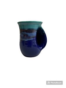 Neher Art Pottery Hand Warmer Mug Right Hand Blue Teal Drip Glaze Signed 2008