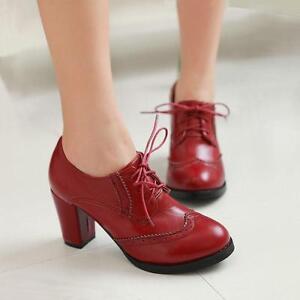 Women Ladies Mid Block Chunky Heels Lace Up Pumps Brogues Wingtip Shoes Leather