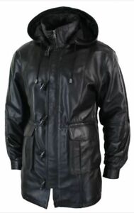 Men's Trench Hooded Over Coat Genuine Sheepskin Black Leather Jacket Coat
