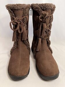 Lands End Womens Boots Brown Suede Faux Fur Lace Up Winter Boot Size 9.5