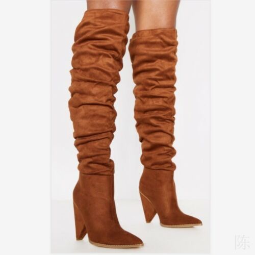 Women Pointy Toe Pull On Slouch Cone Heel Over The Knee High Boots Runway T Show