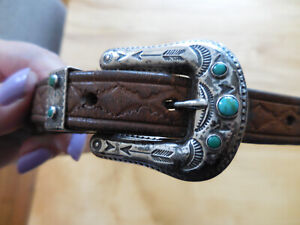 VTG Ranger Leather Belt Sterling Turquoise Stones Buckle Tooled Aztec Signed 30