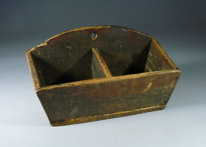 Primitive New England Divided Wall Candle Box in Old Worn Brown Paint - Folk Art