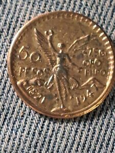 1947 Miniature 50 Peso Gold coin - back marked CO-38L-14KT - VERY RARE SEE PICS