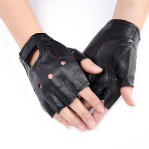 PU Leather Black Driving Motorcycle Biker Fingerless Gloves Men Women Gloves_-_