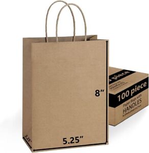 [100 Bags] 5.25 X 3.25 X 8. Brown Paper Bags with Handles Bulks.