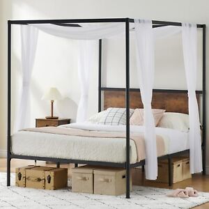 Full Queen Size Canopy Bed Frame Four Poster Bed with Wooden Headboard Platform