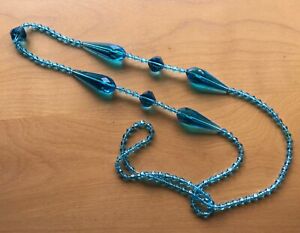 Antique deep turquoise deco flapper necklace faceted oblong and round glass