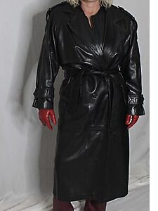 Womens Leather Trench Coat Black S-M-L Long SOFT Lambskin Vintage 80s 90s Rare