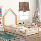 Twin Size Bed for Kids Wood Floor Beds Frame W/ House-shaped Headboard & Fence