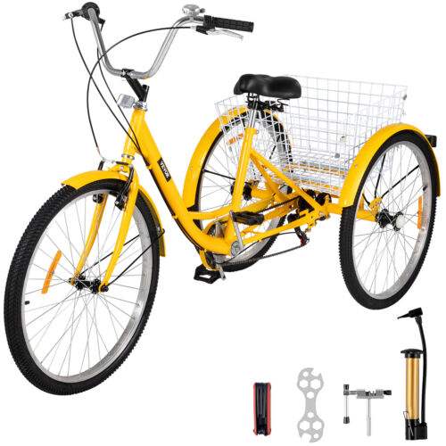 Adult Tricycle 24'' 7-Speed 3 Wheel Yellow Trike​ Comfortable 3-Wheels 330LBS