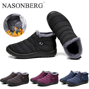 Mens Waterproof Womens Winter Snow Ankle Boots Fur Lined Slip On Outdoor Shoes