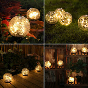 Outdoor Solar Ball LED Lights Garden Crackle Glass Globe Stake Lamp Waterproof