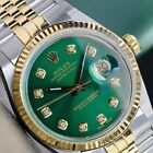 ROLEX MENS DATEJUST TWO-TONE GREEN DIAL 18KY GOLD FLUTED BEZEL 36MM WATCH 16013