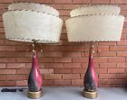 Pair Vintage 1950s Pink Gray Gold Ceramic Lamps Fiberglass Shades MCM Atomic Era