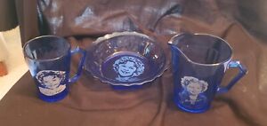 Vintage Shirley Temple Cobalt Blue Glass Hazel Cereal bowl, Pitcher and cup