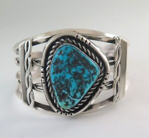 Old Pawn Vintage Heavy Sterling Silver & Kingman Turquoise Cuff Bracelet
