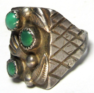 Navajo OLD PAWN THREE Green Stone TURQUOISE FILED Chiseled Ring 28g Size 10 1/2
