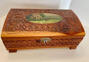 Large Carved Wood Box with Scene on Top