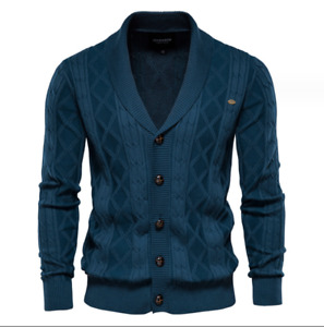 Men Shawl Collar Cardigan Sweater Soild Button Down Cable Knitted Sweater Coat