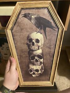 Coffin Shaped Raven & Skulls Picture Tabletop Decor Crow Halloween NEW