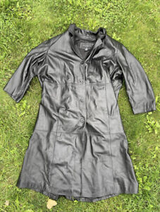 Centigrade Vintage Leather Trench Coat Jacket Black Lined Pockets Duster 3XL
