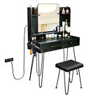TC-HOMENY Black Makeup Vanity Dressing Table Set with Mirror+ Stool Vanity Desk
