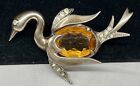 Sterling Signed Brooch Rare Vintage Amber Glass 2-1/4