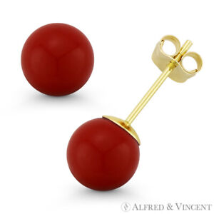 3mm to 10mm Red Coral Ball Studs Pushback Stud Earrings in 14k 14kt Yellow Gold