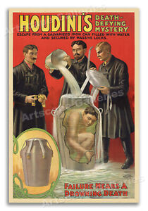 1908 Houdini Death Defying Mystery Water Can Escape Vintage Magic Poster - 24x36