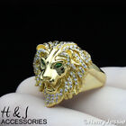MEN 925 STERLING SILVER ICY CZ GOLD PLATED 3D GREEN EYE LION HEAD RING*AGR180