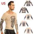US Men's Long Sleeve Fake Tattoo Tribal Inspired Print T-Shirt Tops Undershirts
