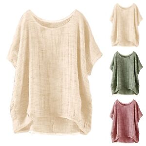 Women Cotton Linen Short Sleeve T-Shirt Blouse Casual Loose Tunic Tops Plus Size