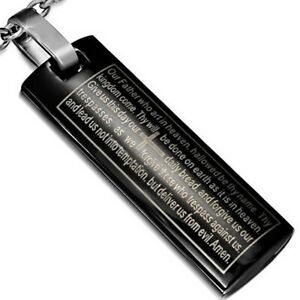 Stainless Steel Black Charm Lord's Our Father Prayer English Pendant Necklace