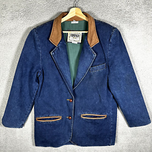 Vintage Forenza 80's Denim Jacket Blazer Button Leather Size Large Flannel Lined