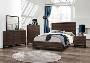 6-Piece Brow/Black Bedroom Set, King Size Bed Dresser Mirror Chest & Nightstands