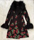 Betsey Johnson Rose Floral Duster Coat Jacket Black Vintage Wool Blend Medium