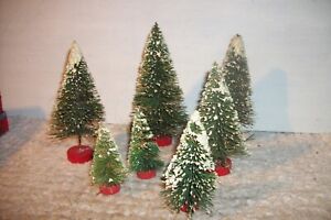 LOT OF 7~VINTAGE 1950's ~FROCKED BOTTLE BRUSH CHRISTMAS TREES~3 Different Sizes